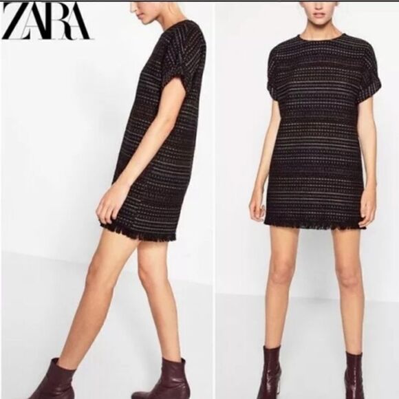 Zara Trafauc Black Colorful Chunky Tweed Fringe Mini Dress - Picture 2 of 14